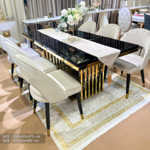 ชุดโต๊ะอาหารเกรด Premium รุ่น ฮันน่า ขนาด 6 ที่นั่ง ดีไซน์หรูหรา หน้าท็อปหินอ่อนสีดำสุดคลาสสิก